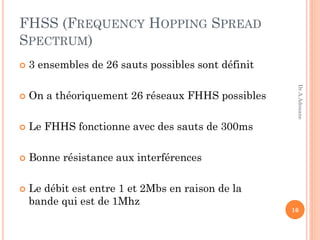 FHSS (FREQUENCY HOPPING SPREAD
SPECTRUM)
 3 ensembles de 26 sauts possibles sont définit
 On a théoriquement 26 réseaux FHHS possibles
 Le FHHS fonctionne avec des sauts de 300ms
 Bonne résistance aux interférences
 Le débit est entre 1 et 2Mbs en raison de la
bande qui est de 1Mhz
16
Dr.A.Adouane
 