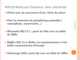 WPAN:WIRELESS PERSONAL AREA NETWORK
 Petite zone de couverture d’une 10ene de mètre
 Pour la connexion de périphérique portable (
smartphone, smartwatch…)
 Bluetooth 802.15.1 : porté de 30m avec un débit
de 2Mbs
 ZigBee 802.15.4: dédier au communication à très
faible consommation d’énergie
 Infrarouge IrDa: porté 2m avec un débit de 4Mbs 2
Dr.A.Adouane
 
