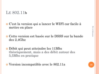 LE 802.11b
 C’est la version qui a lancer le WIFI car facile à
mettre en place
 Cette version est basée sur le DSSS sur la bande
des 2,4Ghz
 Débit qui peut atteindre les 11Mbs
théoriquement, mais a des débit autour des
5,5Mbs en pratique
 Version incompatible avec le 802.11a 23
Dr.A.Adouane
 