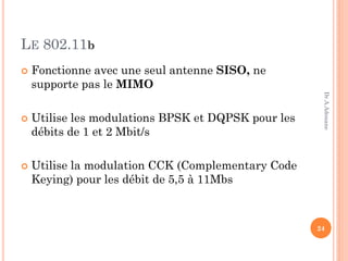 LE 802.11b
 Fonctionne avec une seul antenne SISO, ne
supporte pas le MIMO
 Utilise les modulations BPSK et DQPSK pour les
débits de 1 et 2 Mbit/s
 Utilise la modulation CCK (Complementary Code
Keying) pour les débit de 5,5 à 11Mbs
24
Dr.A.Adouane
 