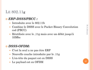 LE 802.11g
 ERP-DSSS/PBCC :
 Introduite avec le 802.11b
 Combine le DSSS avec le Packet Binary Convolution
cod (PBCC)
 Réutilisée avec le ,11g mais avec un débit jusqu’à
33Mbs
 DSSS-OFDM:
 C’est la seul a ne pas être ERP
 Nouvelle couche introduite par le .11g
 L’en-tête du paquet est en DSSS
 Le payload est en OFDM 27
Dr.A.Adouane
 
