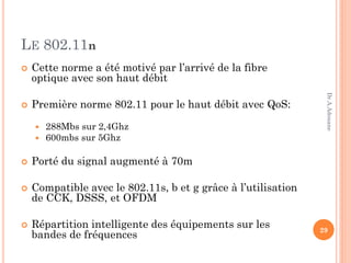 LE 802.11n
 Cette norme a été motivé par l’arrivé de la fibre
optique avec son haut débit
 Première norme 802.11 pour le haut débit avec QoS:
 288Mbs sur 2,4Ghz
 600mbs sur 5Ghz
 Porté du signal augmenté à 70m
 Compatible avec le 802.11s, b et g grâce à l’utilisation
de CCK, DSSS, et OFDM
 Répartition intelligente des équipements sur les
bandes de fréquences
29
Dr.A.Adouane
 