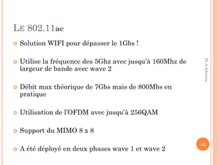 LE 802.11ac
 Solution WIFI pour dépasser le 1Gbs !
 Utilise la fréquence des 5Ghz avec jusqu’à 160Mhz de
largeur de bande avec wave 2
 Débit max théorique de 7Gbs mais de 800Mbs en
pratique
 Utilisation de l’OFDM avec jusqu’à 256QAM
 Support du MIMO 8 x 8
 A été déployé en deux phases wave 1 et wave 2
42
Dr.A.Adouane
 