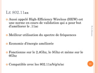 LE 802.11ax
 Aussi appelé High-Efficiency Wireless (HEW) est
une norme en cours de validation qui a pour but
d’améliorer le .11ac
 Meilleur utilisation du spectre de fréquences
 Economie d’énergie améliorée
 Fonctionne sur le 2,4Ghz, le 5Ghz et même sur le
6Ghz
 Compatible avec les 802.11a/b/g/n/ac 51
Dr.A.Adouane
 