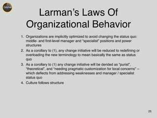 Larman’s Laws Of 
Organizational Behavior 
1. Organizations are implicitly optimized to avoid changing the status quo: 
middle- and first-level manager and “specialist” positions and power 
structures! 
2. As a corollary to (1), any change initiative will be reduced to redefining or 
overloading the new terminology to mean basically the same as status 
quo! 
3. As a corollary to (1) any change initiative will be derided as “purist”, 
“theoretical”, and “needing pragmatic customization for local concerns” -- 
which deflects from addressing weaknesses and manager / specialist 
status quo! 
4. Culture follows structure 
25 
 