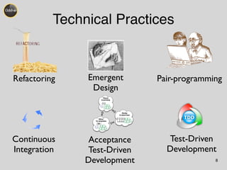 Technical Practices 
Emergent 
Design 
Refactoring Pair-programming 
Test-Driven 
Development 
8 
Continuous 
Integration 
Discuss 
in workshop 
Develop 
in concurrence 
Deliver 
for acceptance 
Acceptance 
Test-Driven 
Development 
 