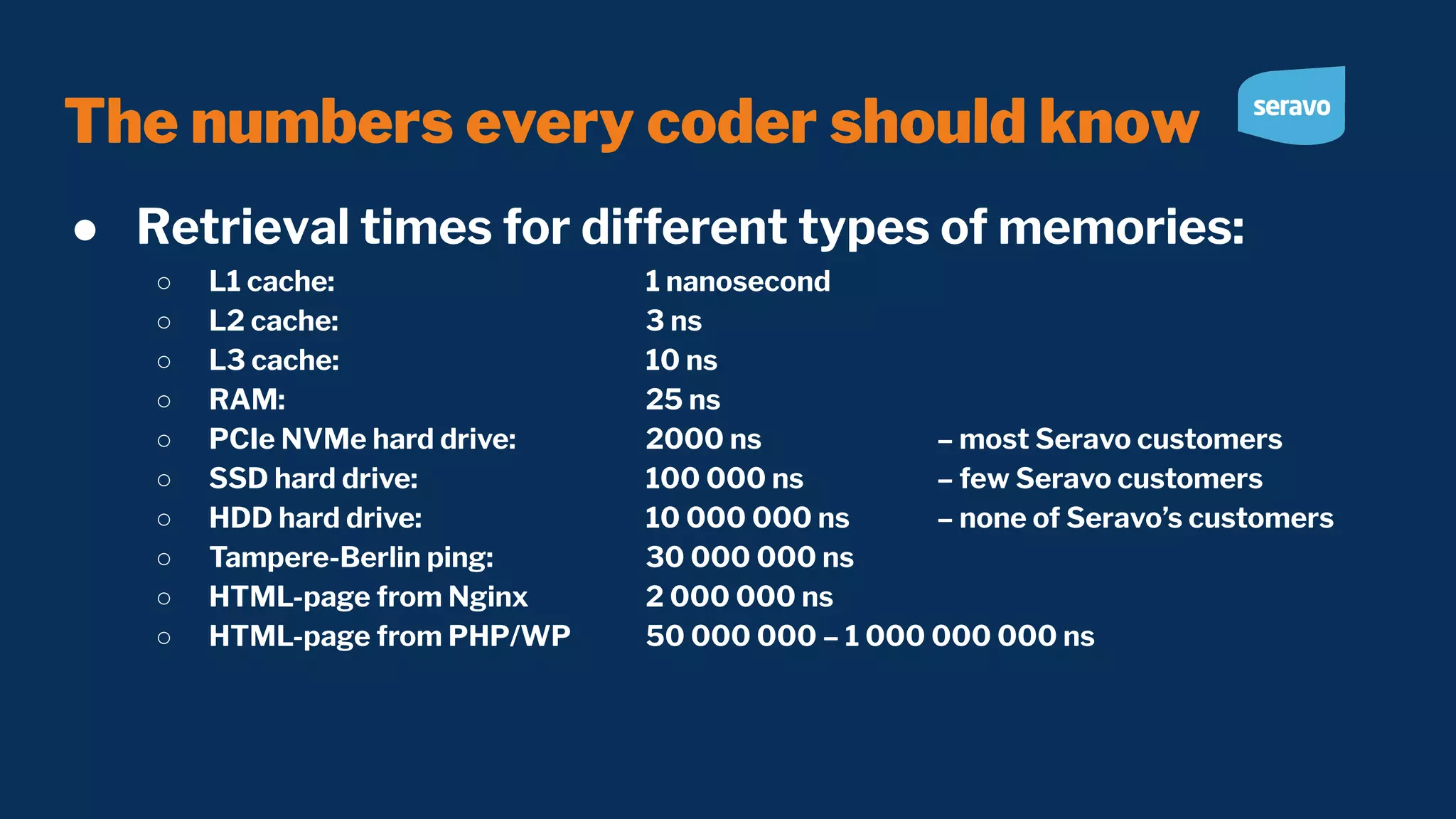 The numbers every coder should know ● Retrieval times for different types of memories: ○ L1 cache: 1 nanosecond ○ L2 cache: 3 ns ○ L3 cache: 10 ns ○ RAM: 25 ns ○ PCIe NVMe hard drive: 2000 ns – most Seravo customers ○ SSD hard drive: 100 000 ns – few Seravo customers ○ HDD hard drive: 10 000 000 ns – none of Seravo’s customers ○ Tampere-Berlin ping: 30 000 000 ns ○ HTML-page from Nginx 2 000 000 ns ○ HTML-page from PHP/WP 50 000 000 – 1 000 000 000 ns 
