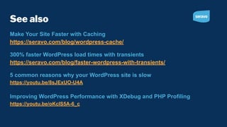 See also
Make Your Site Faster with Caching
https://seravo.com/blog/wordpress-cache/
300% faster WordPress load times with transients
https://seravo.com/blog/faster-wordpress-with-transients/
5 common reasons why your WordPress site is slow
https://youtu.be/8sJExUO-U4A
Improving WordPress Performance with XDebug and PHP Profiling
https://youtu.be/oKcIS5A-6_c
 