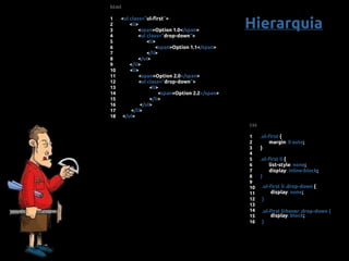 Hierarquia
html
1 <ul class=”ul-first”>
2 <li>
3 <span>Option 1.0</span>
4 <ul class=”drop-down”>
5 <li>
6 <span>Option 1.1</span>
7 </li>
8 </ul>
9 </li>
10 <li>
11 <span>Option 2.0</span>
12 <ul class=”drop-down”>
13 <li>
14 <span>Option 2.2</span>
15 </li>
16 </ul>
17 </li>
18 </ul>
css
1 .ul-first {
2 margin: 0 auto;
3 }
4
5 .ul-first li {
6 list-style: none;
7 display: inline-block;
8 }
9
10
11
.ul-first li .drop-down {
12
display: none;
13
}
14
15
16 }
.ul-first li:hover .drop-down {
display: block;
 