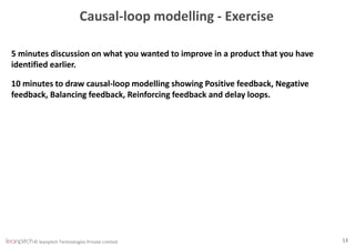© leanpitch Technologies Private Limited 13
Causal-loop modelling - Exercise
5 minutes discussion on what you wanted to improve in a product that you have
identified earlier.
10 minutes to draw causal-loop modelling showing Positive feedback, Negative
feedback, Balancing feedback, Reinforcing feedback and delay loops.
 