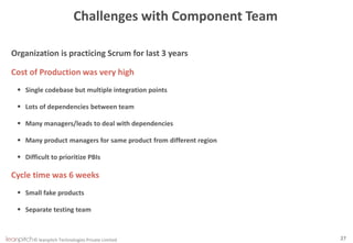 © leanpitch Technologies Private Limited 27
Challenges with Component Team
Organization is practicing Scrum for last 3 years
Cost of Production was very high
 Single codebase but multiple integration points
 Lots of dependencies between team
 Many managers/leads to deal with dependencies
 Many product managers for same product from different region
 Difficult to prioritize PBIs
Cycle time was 6 weeks
 Small fake products
 Separate testing team
 