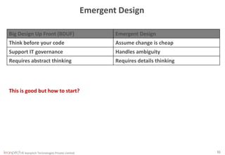 © leanpitch Technologies Private Limited 31
Emergent Design
Big Design Up Front (BDUF) Emergent Design
Think before your code Assume change is cheap
Support IT governance Handles ambiguity
Requires abstract thinking Requires details thinking
This is good but how to start?
 