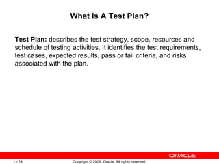 What Is A Test Plan? Test Plan:  describes the test strategy, scope, resources and schedule of testing activities. It identifies the test requirements, test cases, expected results, pass or fail criteria, and risks associated with the plan.  
