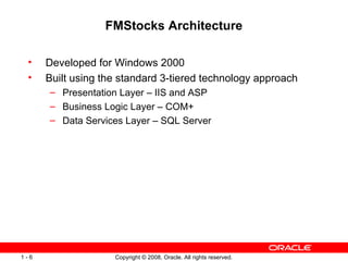 FMStocks Architecture Developed for Windows 2000 Built using the standard 3-tiered technology approach Presentation Layer – IIS and ASP Business Logic Layer – COM+ Data Services Layer – SQL Server 