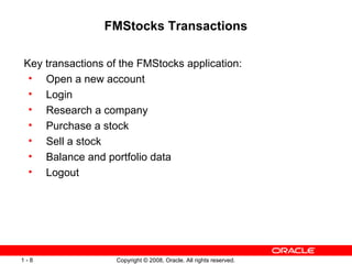 FMStocks Transactions Key transactions of the FMStocks application: Open a new account Login Research a company Purchase a stock Sell a stock Balance and portfolio data Logout 