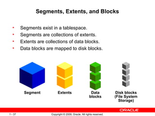 Segments, Extents, and Blocks

  •      Segments exist in a tablespace.
  •      Segments are collections of extents.
  •      Extents are collections of data blocks.
  •      Data blocks are mapped to disk blocks.




          Segment           Extents                      Data           Disk blocks
                                                        blocks          (File System
                                                                          Storage)


1 - 37                 Copyright © 2009, Oracle. All rights reserved.
 