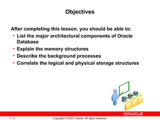 Objectives After completing this lesson, you should be able to: List the major architectural components of Oracle Database Explain the memory structures Describe the background processes  Correlate the logical and physical storage structures 