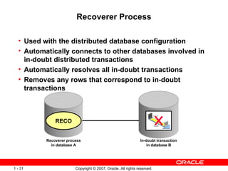 Recoverer Process Used with the distributed database configuration  Automatically connects to other databases involved in in-doubt distributed transactions Automatically resolves all in-doubt transactions Removes any rows that correspond to in-doubt transactions Recoverer process in database A In-doubt transaction in database B RECO 