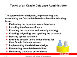 Tasks of an Oracle Database Administrator

The approach for designing, implementing, and
maintaining an Oracle database involves the following
tasks:
1. Evaluating the database server hardware
2. Installing the Oracle software
3. Planning the database and security strategy
4. Creating, migrating, and opening the database
5. Backing up the database
6. Enrolling system users and planning for
their Oracle Network access
7. Implementing the database design
8. Recovering from database failure
9. Monitoring database performance
2-3

Copyright © 2007, Oracle. All rights reserved.

 