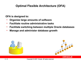 Optimal Flexible Architecture (OFA)

OFA is designed to:
• Organize large amounts of software
• Facilitate routine administrative tasks
• Facilitate switching between multiple Oracle databases
• Manage and administer database growth

2-8

Copyright © 2007, Oracle. All rights reserved.

 