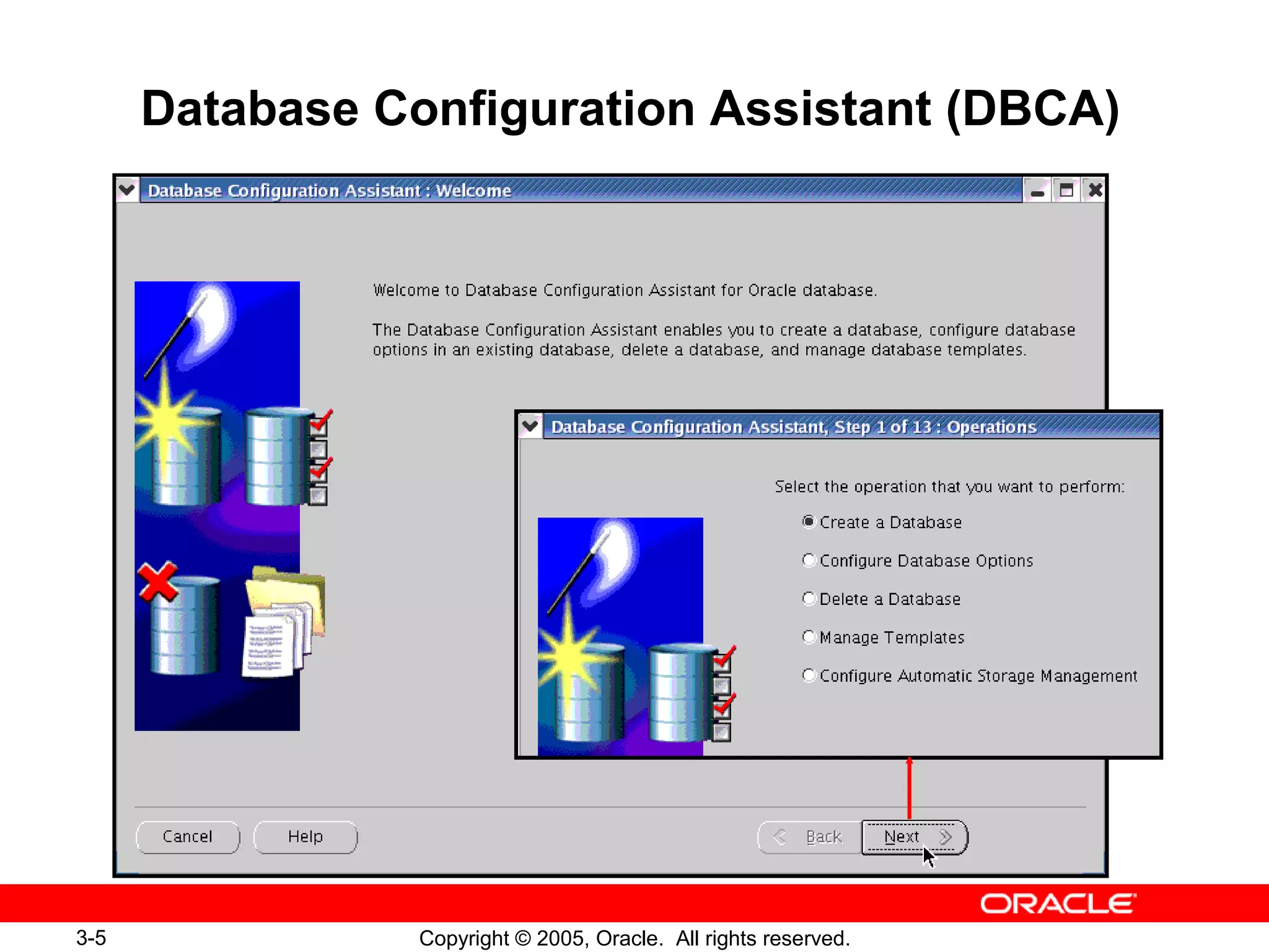 3-5 Copyright © 2005, Oracle. All rights reserved.
Database Configuration Assistant (DBCA)
 