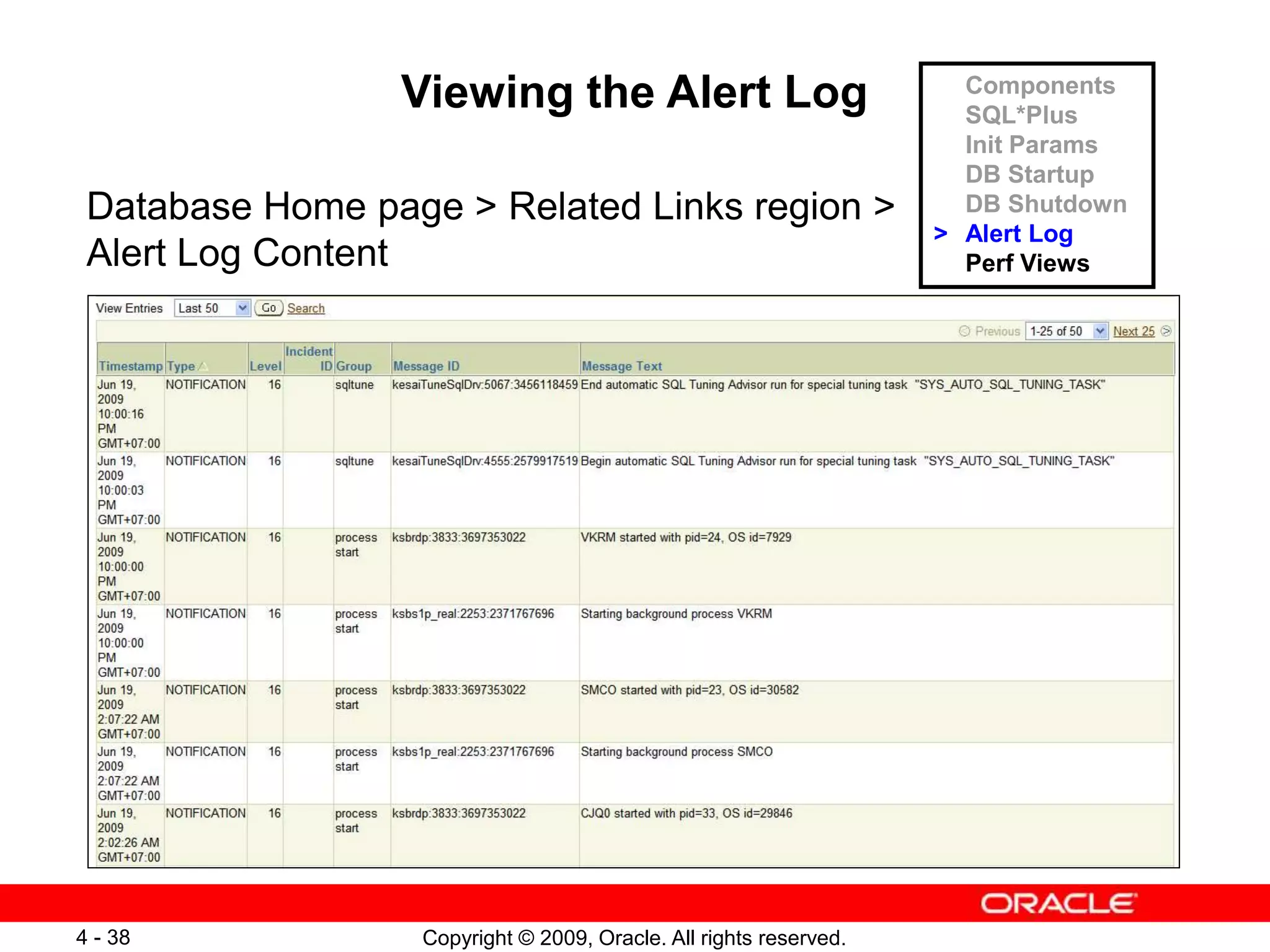 Copyright © 2009, Oracle. All rights reserved. 4 - 38 Viewing the Alert Log Database Home page > Related Links region > Alert Log Content Components SQL*Plus Init Params DB Startup DB Shutdown > Alert Log Perf Views 