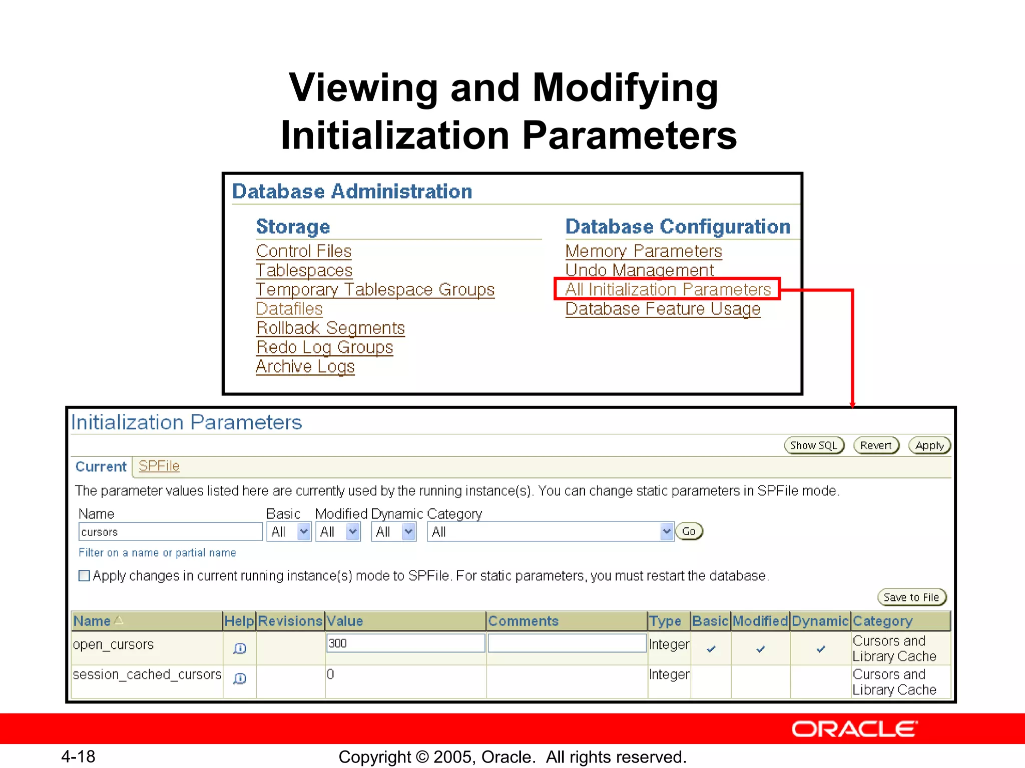 4-18 Copyright © 2005, Oracle. All rights reserved.
Viewing and Modifying
Initialization Parameters
 