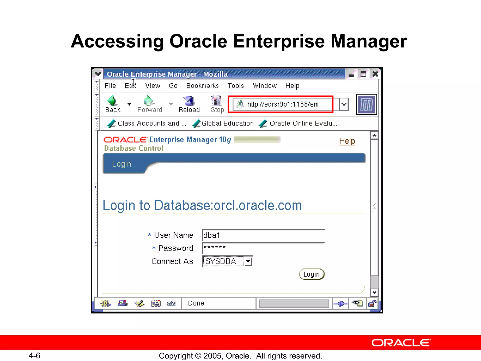 4-6 Copyright © 2005, Oracle. All rights reserved.
Accessing Oracle Enterprise Manager
 