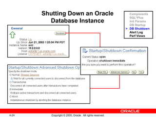 4-24 Copyright © 2005, Oracle. All rights reserved.
Shutting Down an Oracle
Database Instance
Components
SQL*Plus
Init Params
DB Startup
> DB Shutdown
Alert Log
Perf Views
 