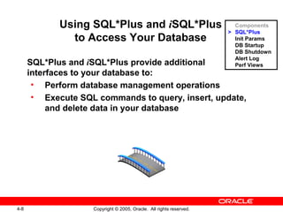 4-8 Copyright © 2005, Oracle. All rights reserved.
Using SQL*Plus and iSQL*Plus
to Access Your Database
SQL*Plus and iSQL*Plus provide additional
interfaces to your database to:
• Perform database management operations
• Execute SQL commands to query, insert, update,
and delete data in your database
Components
> SQL*Plus
Init Params
DB Startup
DB Shutdown
Alert Log
Perf Views
 