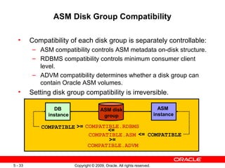 ASM Disk Group Compatibility

  •      Compatibility of each disk group is separately controllable:
         – ASM compatibility controls ASM metadata on-disk structure.
         – RDBMS compatibility controls minimum consumer client
           level.
         – ADVM compatibility determines whether a disk group can
           contain Oracle ASM volumes.
  •      Setting disk group compatibility is irreversible.

                  DB                     ASM disk                            ASM
               instance                   group                            instance

             COMPATIBLE >= COMPATIBLE.RDBMS
                                  <=
                            COMPATIBLE.ASM <= COMPATIBLE
                                  >=
                            COMPATIBLE.ADVM


5 - 33                    Copyright © 2009, Oracle. All rights reserved.
 