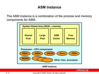 ASM Instance

The ASM Instance is a combination of the process and memory
components for ASM.

          System Global Area (SGA) – memory



            Shared            Large               ASM                  Free
             Pool             Pool               Cache                Memory



         Processes – CPU components
          RBAL         ARBn             GMON             Onnn            PZ9n

          MARK
                                                  Other misc. processes


                                  ASM Instance

5-4                  Copyright © 2009, Oracle. All rights reserved.
 