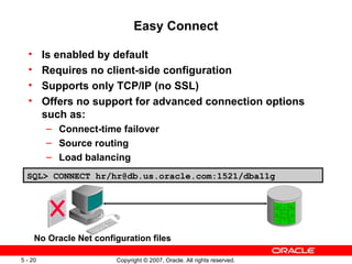Easy Connect Is enabled by default Requires no client-side configuration Supports only TCP/IP (no SSL) Offers no support for advanced connection options such as: Connect-time failover Source routing Load balancing SQL> CONNECT hr/hr@db.us.oracle.com:1521/dba11g No Oracle Net configuration files 