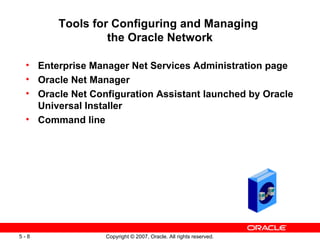 Tools for Configuring and Managing  the Oracle Network Enterprise Manager Net Services Administration page Oracle Net Manager Oracle Net Configuration Assistant launched by Oracle Universal Installer Command line 