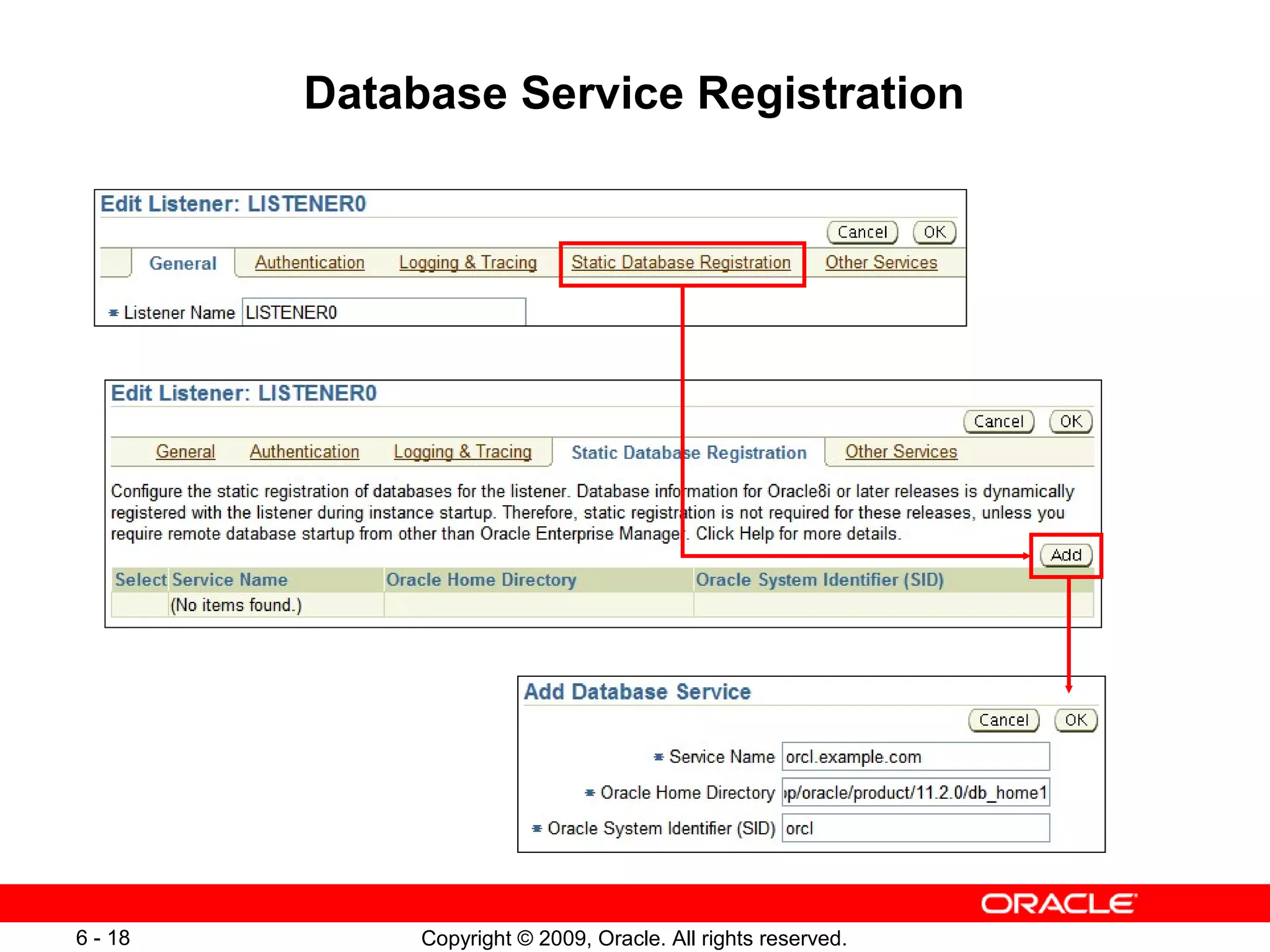 Database Service Registration




6 - 18        Copyright © 2009, Oracle. All rights reserved.
 