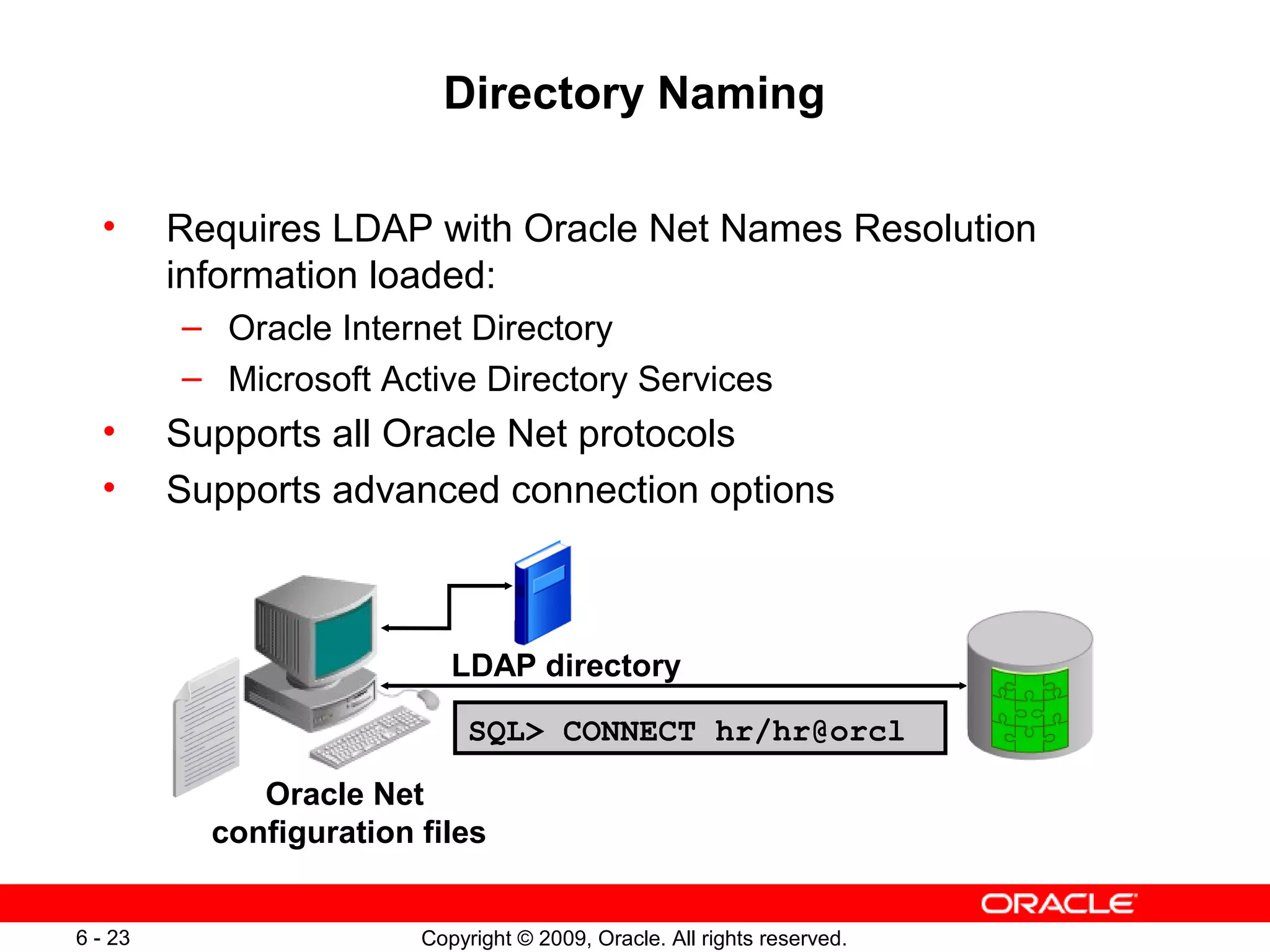 Directory Naming

  •      Requires LDAP with Oracle Net Names Resolution
         information loaded:
         – Oracle Internet Directory
         – Microsoft Active Directory Services
  •      Supports all Oracle Net protocols
  •      Supports advanced connection options



                            LDAP directory

                              SQL> CONNECT hr/hr@orcl

              Oracle Net
           configuration files


6 - 23                   Copyright © 2009, Oracle. All rights reserved.
 