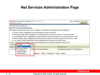 Net Services Administration Page




6 - 15         Copyright © 2009, Oracle. All rights reserved.
 