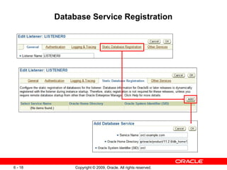 Database Service Registration




6 - 18        Copyright © 2009, Oracle. All rights reserved.
 