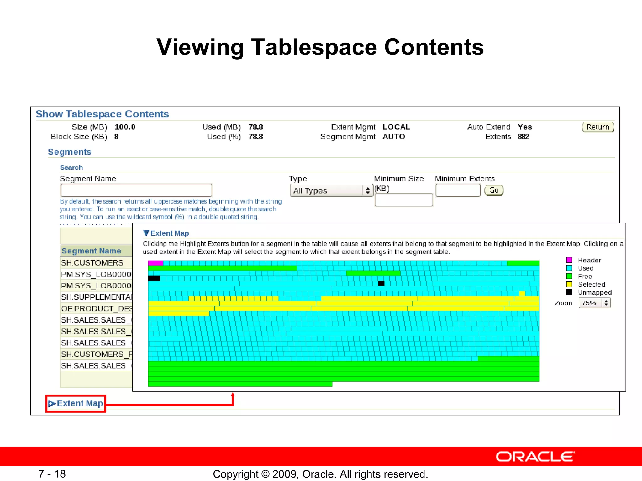 Viewing Tablespace Contents




7 - 18       Copyright © 2009, Oracle. All rights reserved.
 