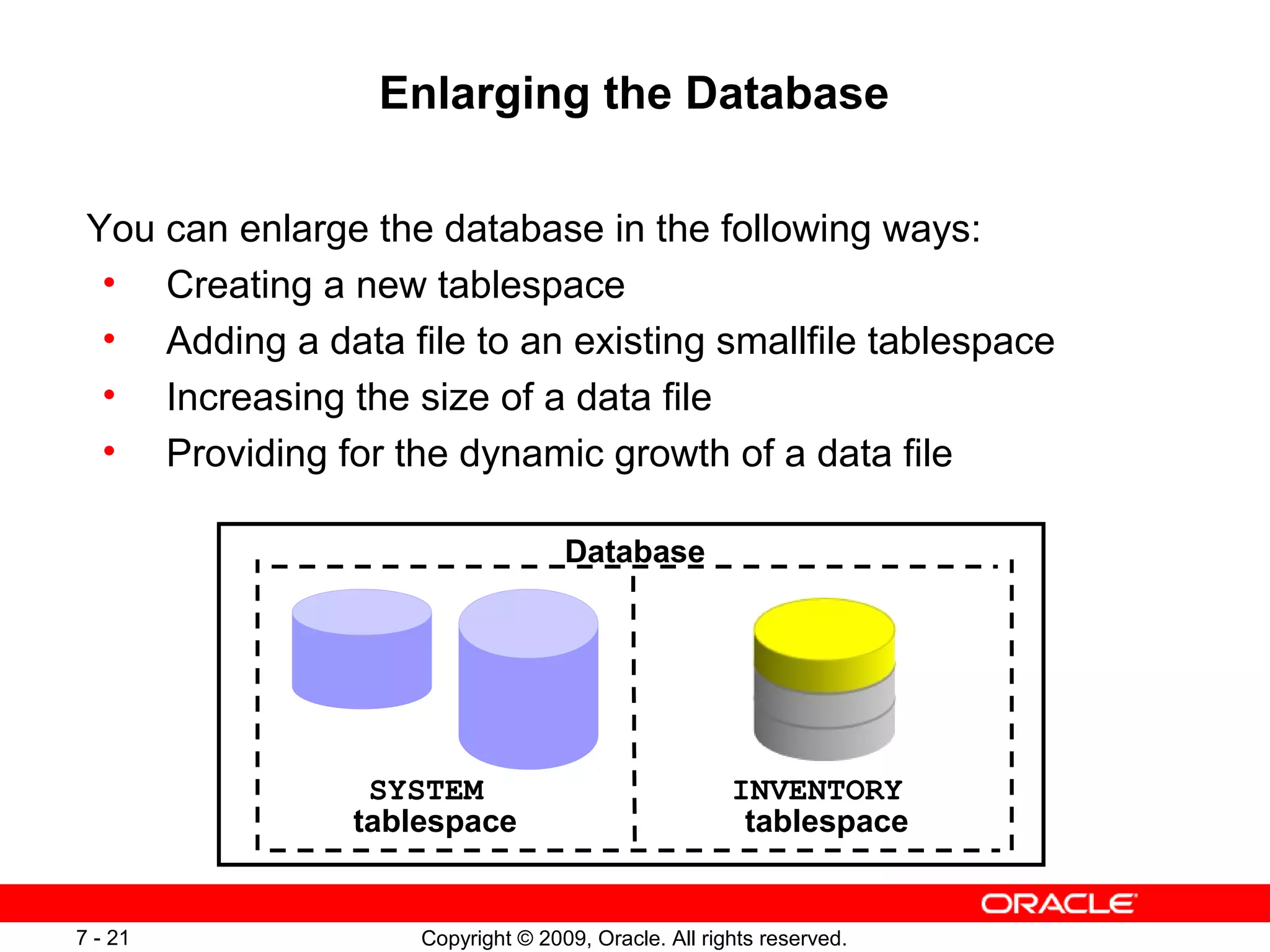 Enlarging the Database

 You can enlarge the database in the following ways:
  • Creating a new tablespace
  • Adding a data file to an existing smallfile tablespace
  • Increasing the size of a data file
  • Providing for the dynamic growth of a data file

                                   Database




                 SYSTEM                              INVENTORY
                tablespace                            tablespace


7 - 21              Copyright © 2009, Oracle. All rights reserved.
 