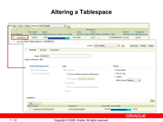 Altering a Tablespace




7 - 12    Copyright © 2009, Oracle. All rights reserved.
 