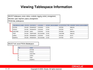 Viewing Tablespace Information




7 - 17        Copyright © 2009, Oracle. All rights reserved.
 