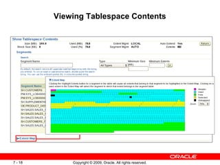 Viewing Tablespace Contents




7 - 18       Copyright © 2009, Oracle. All rights reserved.
 