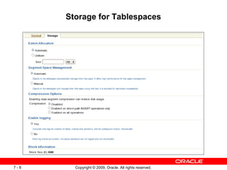 Storage for Tablespaces




7-8     Copyright © 2009, Oracle. All rights reserved.
 