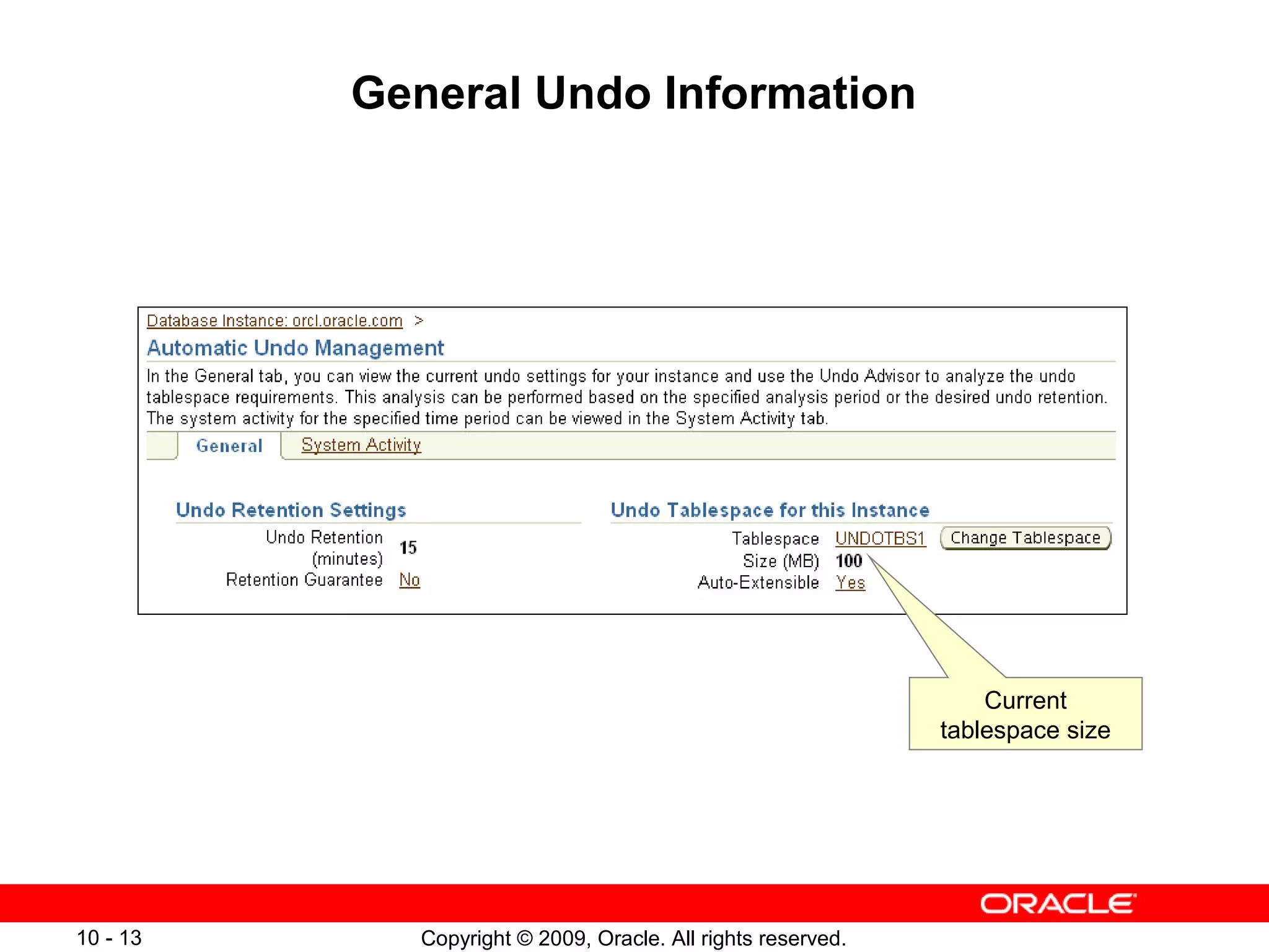 General Undo Information




                                                                 Current
                                                             tablespace size




10 - 13     Copyright © 2009, Oracle. All rights reserved.
 