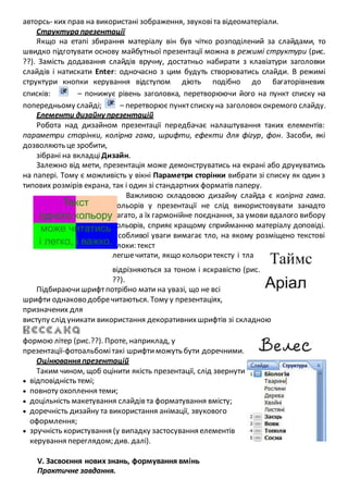 авторсь- ких прав на використані зображення, звуковіта відеоматеріали.
Структура презентації
Якщо на етапі збирання матеріалу він був чітко розподілений за слайдами, то
швидко підготувати основу майбутньої презентації можна в режимі структури (рис.
??). Замість додавання слайдів вручну, достатньо набирати з клавіатури заголовки
слайдів і натискати Enter: одночасно з цим будуть створюватись слайди. В режимі
структури кнопки керування відступом діють подібно до багаторівневих
списків: – понижує рівень заголовка, перетворюючи його на пункт списку на
попередньому слайді; – перетворює пунктсписку на заголовок окремого слайду.
Елементи дизайну презентацій
Робота над дизайном презентації передбачає налаштування таких елементів:
параметри сторінки, колірна гама, шрифти, ефекти для фігур, фон. Засоби, які
дозволяють це зробити,
зібрані на вкладці Дизайн.
Залежно від мети, презентація може демонструватись на екрані або друкуватись
на папері. Тому є можливість у вікні Параметри сторінки вибрати зі списку як один з
типових розмірів екрана, так і один зі стандартних форматів паперу.
Важливою складовою дизайну слайда є колірна гама.
Кольорів у презентації не слід використовувати занадто
багато, а їх гармонійне поєднання, за умови вдалого вибору
кольорів, сприяє кращому сприйманню матеріалу доповіді.
Особливої уваги вимагає тло, на якому розміщено текстові
блоки: текст
легшечитати, якщо кольоритексту і тла
відрізняються за тоном і яскравістю (рис.
??).
Підбираючишрифтпотрібно мати на увазі, що не всі
шрифти однаково добречитаються. Тому у презентаціях,
призначених для
виступу слід уникати використання декоративнихшрифтів зі складною
формою літер (рис.??). Проте, наприклад, у
презентації-фотоальбомітакі шрифтиможуть бути доречними.
Оцінюванняпрезентацій
Таким чином, щоб оцінити якість презентації, слід звернути увагу на:
 відповідність темі;
 повноту охоплення теми;
 доцільність макетування слайдів та форматування вмісту;
 доречність дизайну та використання анімації, звукового
оформлення;
 зручність користування (у випадку застосування елементів
керування переглядом; див. далі).
V. Засвоєння нових знань, формування вмінь
Практичне завдання.
 