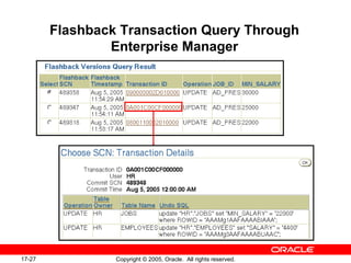 17-27 Copyright © 2005, Oracle. All rights reserved.
Flashback Transaction Query Through
Enterprise Manager
 