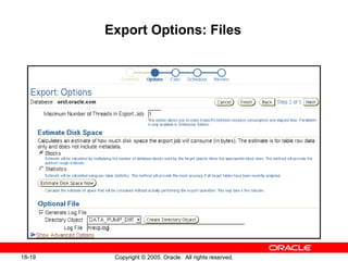 Copyright © 2005, Oracle. All rights reserved.18-19
Export Options: Files
 
