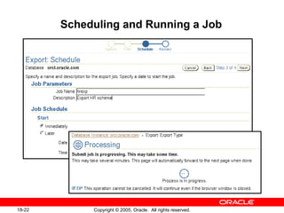 Copyright © 2005, Oracle. All rights reserved.18-22
Scheduling and Running a Job
 