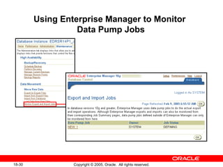 Copyright © 2005, Oracle. All rights reserved.18-30
Using Enterprise Manager to Monitor
Data Pump Jobs
 